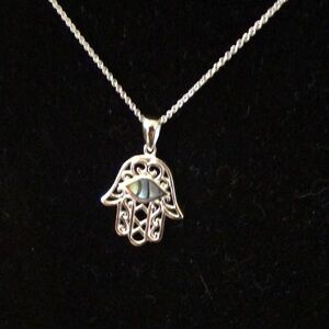 Silver Hamsa mother of pearl evil eye classic pendant on 16” chain + extends 18”